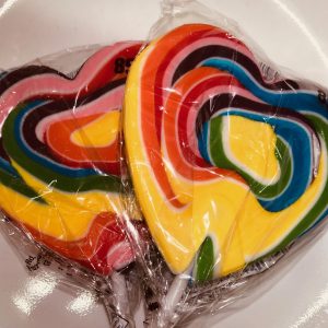 Swirly rainbow color heart lollipop